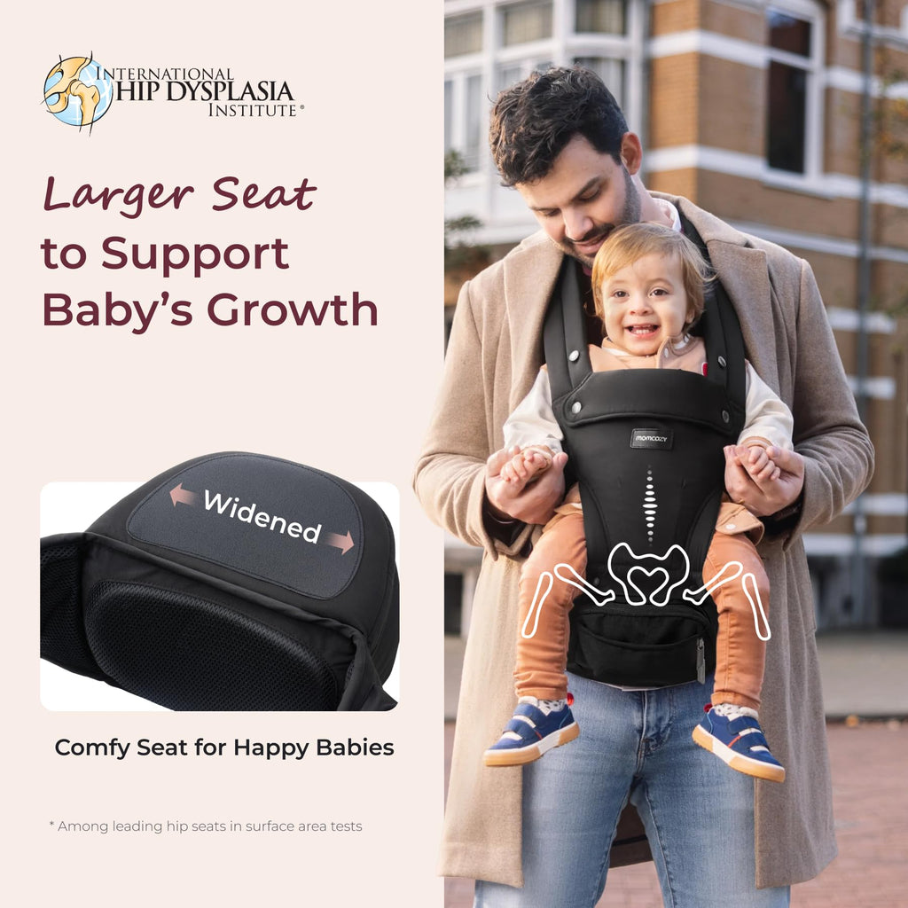 Momcozy Baby Carrier with Hip Seat, 2-in-1 Forward-Facing Carry for Long Walks, Detachable Hands-Free Infant Carrier up to 44lbs, All Seasons Toddler Carrier Fits Waist Sizes up to 45 Inches, Black