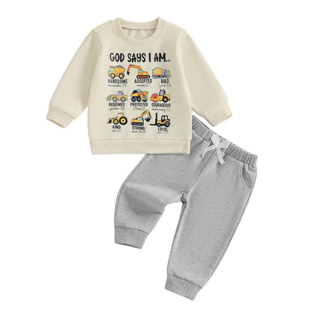 Nyapruwe Toddler Baby Boys Fall Winter Outfits Funny Print Top Pants Set (Beige tool cars, 12-18 Months)