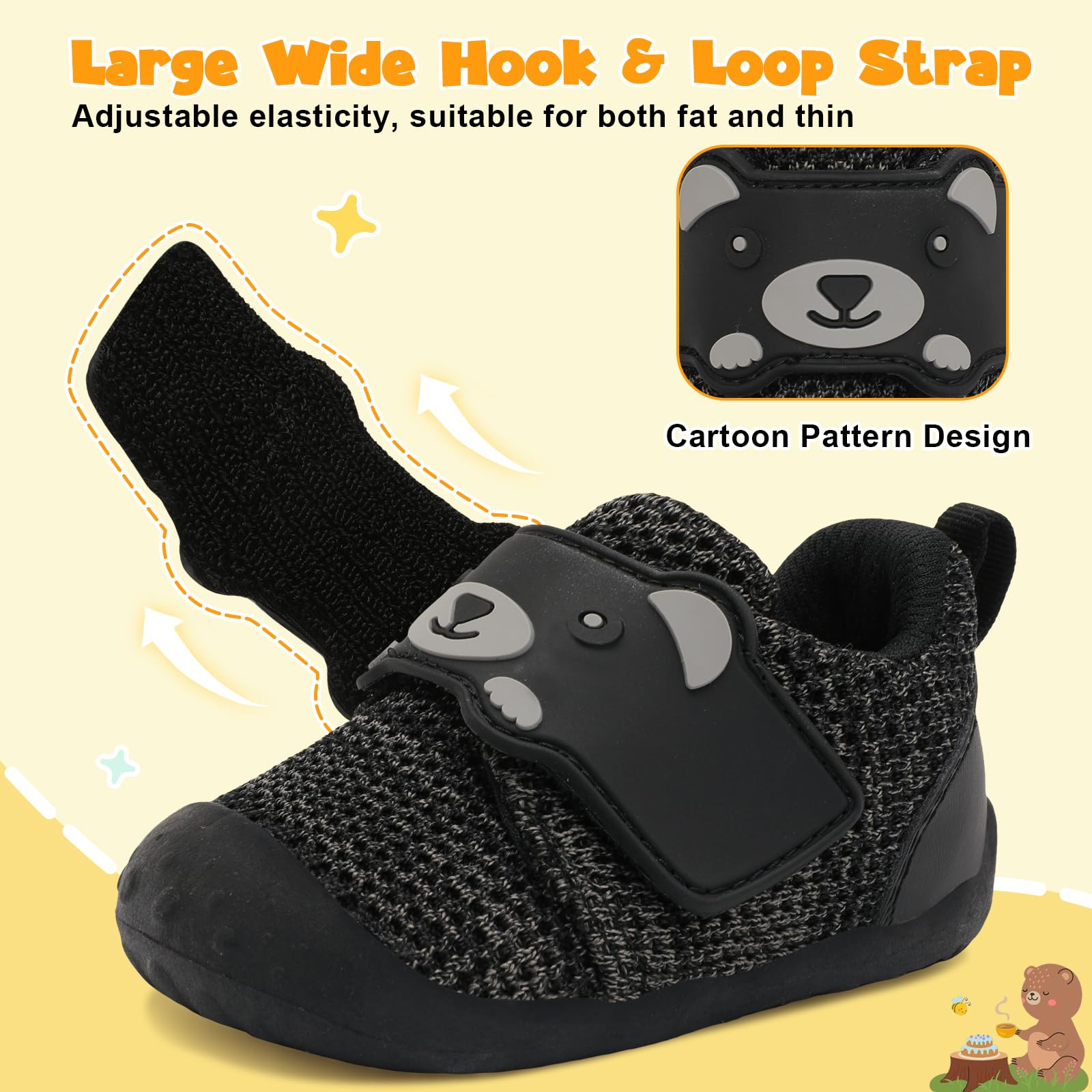 FEETCITY Wide Baby Sneakers Infant Walking Shoes Boys Girls Baby Slip On Shoes Breathable Non-Slip Infant Barefoot Shoe 0-6 Months Black Grey