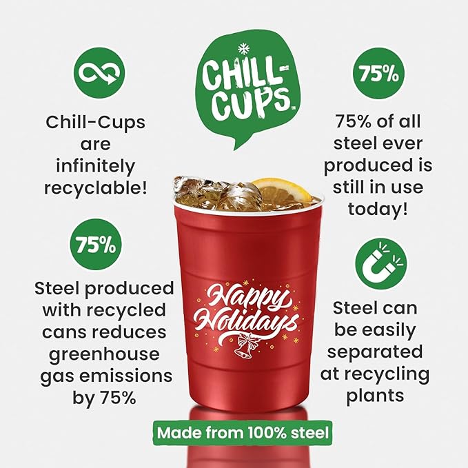 16 oz. Party Cups 'Happy Holidays' Christmas Tree Design for Cold Drinks, Durable, Disposable, Recyclable, Made in USA, Red, 12 Count