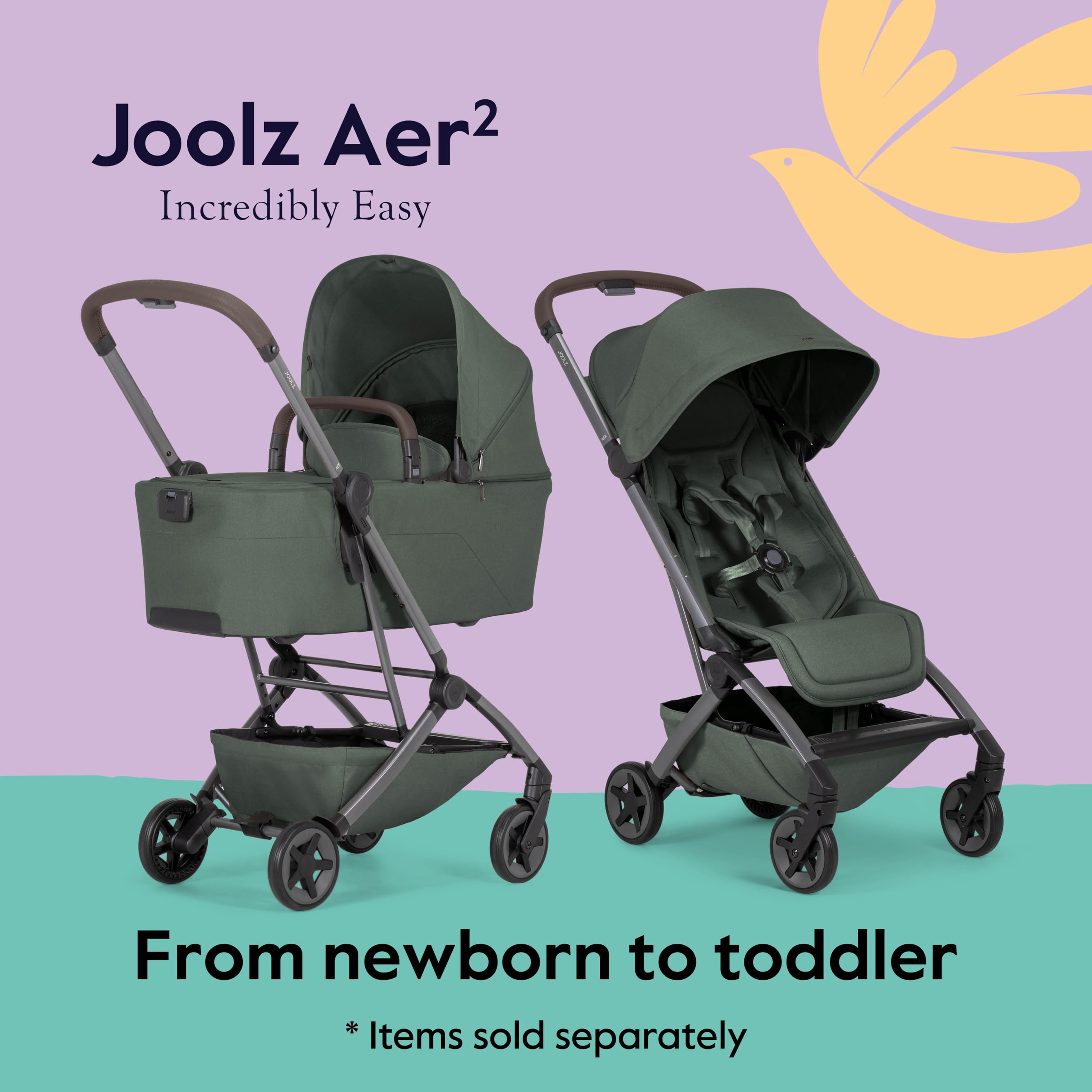 Joolz Aer2 Lightweight Travel Stroller for Baby & Toddler – One-Hand Fold, Compact Carry-On Airplane Approved, Reclining Seat, UPF 50+ Canopy, Travel Pouch, Baby Net – Forest Green