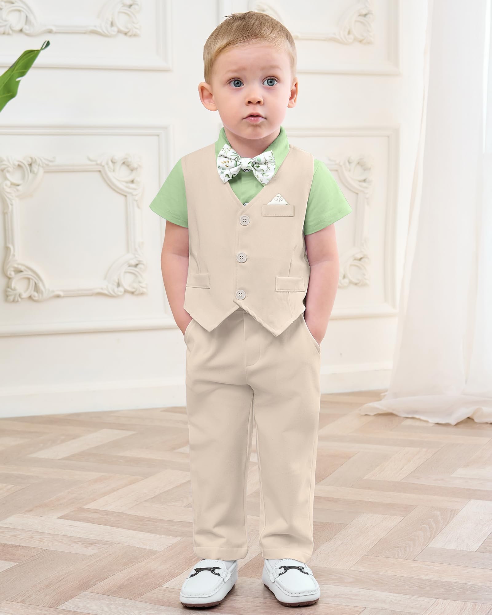DISAUR Christening Outfits For Boys Short Sleeve Infant Grass Green Shirt Apricot Vest Pants Bow Tie Newborn Suit For Baby Boy 3 6 Months