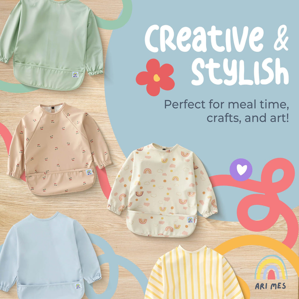 ARI MES Baby Bibs With Sleeves Waterproof Toddler Smock Bib Feeding