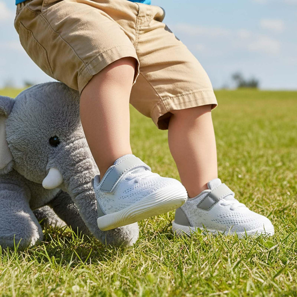 MORENDL Toddler Sneakers Baby Boys & Girls Barefoot Shoes Lightweight Breathable Walking Running Tennis Athletic Sport Shoes White Gray 15-18 Months Size 6