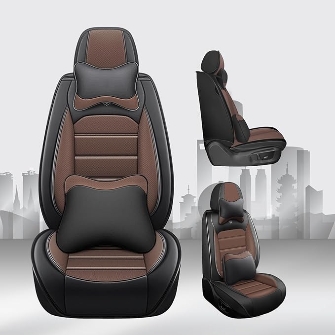 JOJ Car Seat Cover Fit for Toyota Highlander 2001-2025,7 Seat Car Seat Cover,No-Slip Waterproof Breathable Faux Leather Automotive Seat Covers Auto Interior Covers,Full Set with Pillow,Black Coffee