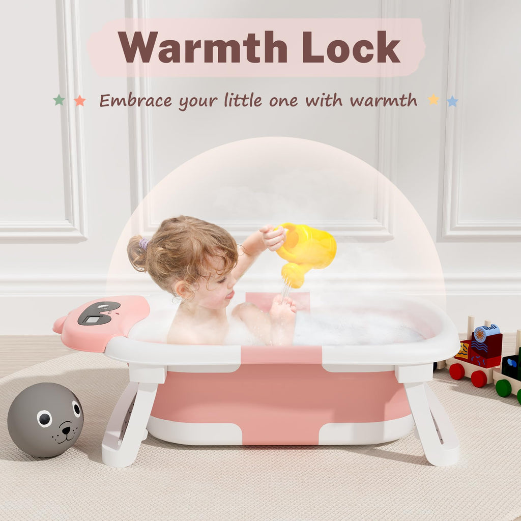 AVIDOR Baby Bathtub,Collapsible Bathtub for Newborn to Toddler,Durable Essential Infant Bath Tub,Portable Travel Baby Tub with Soft Bath Net,No-Slip Feet and Dinosaur Shaped (Pink)