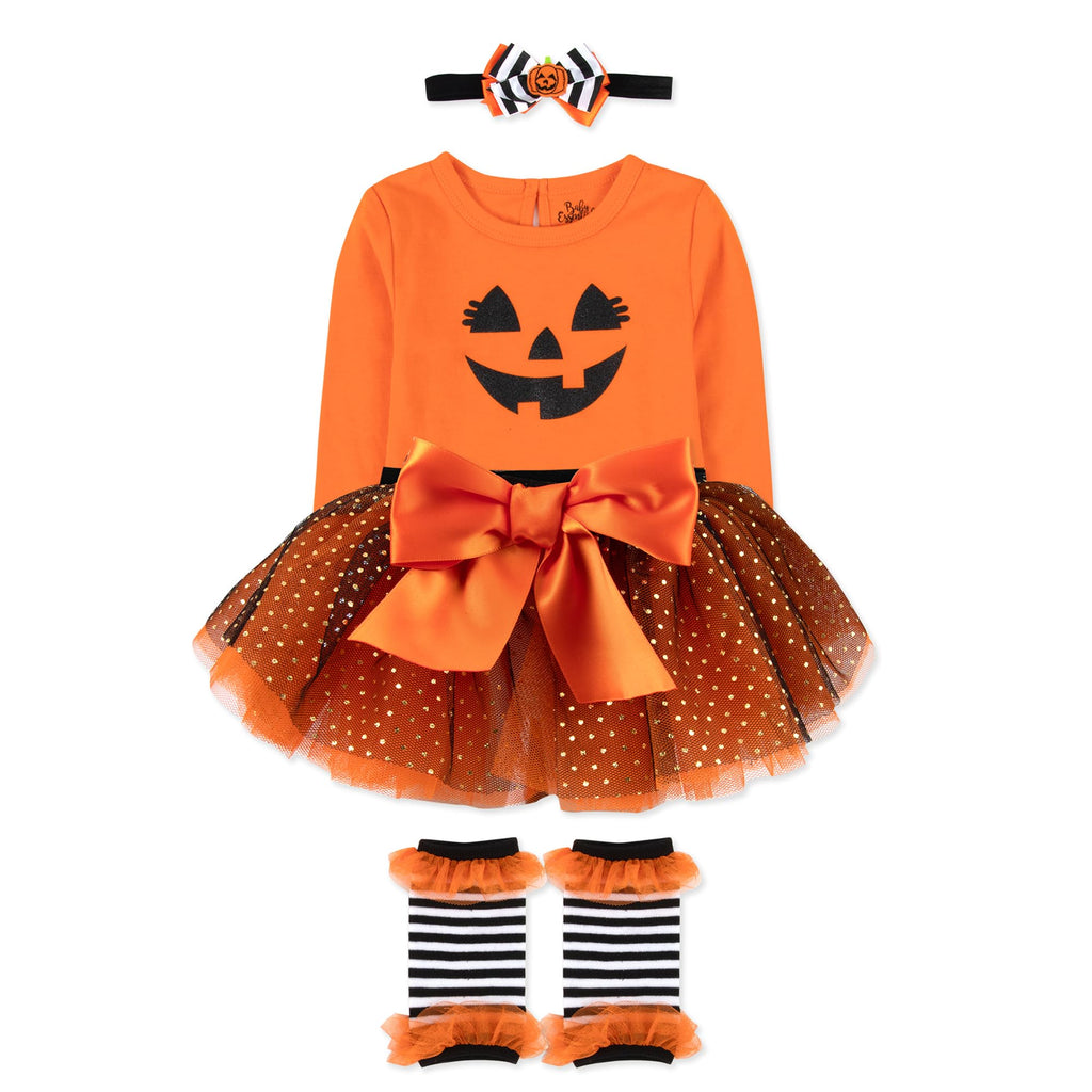 Baby Girl Halloween Outfit 4-Piece Pumpkin Set – Jack-O’-Lantern Bodysuit, Striped Pants, Tutu Skirt & Headband (9 months)