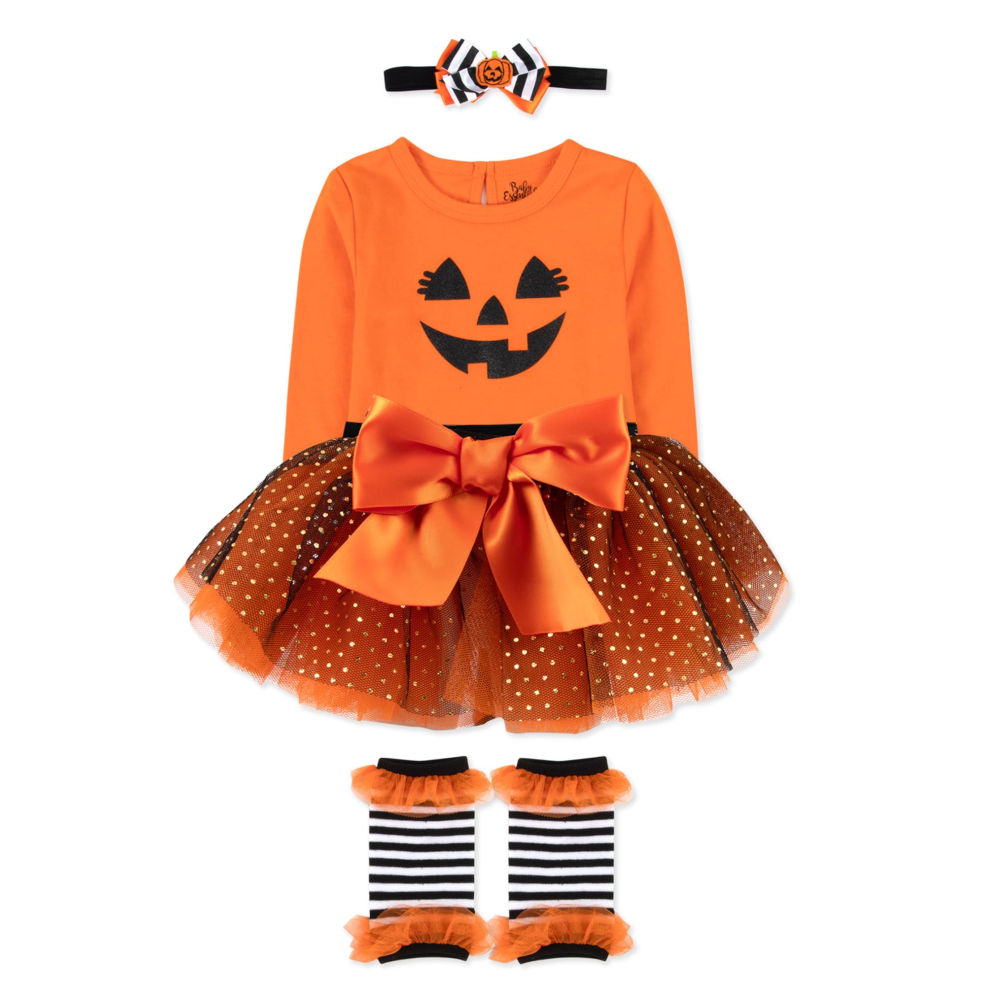 Baby Girl Halloween Outfit 4-Piece Pumpkin Set – Jack-O’-Lantern Bodysuit, Striped Pants, Tutu Skirt & Headband (9 months)