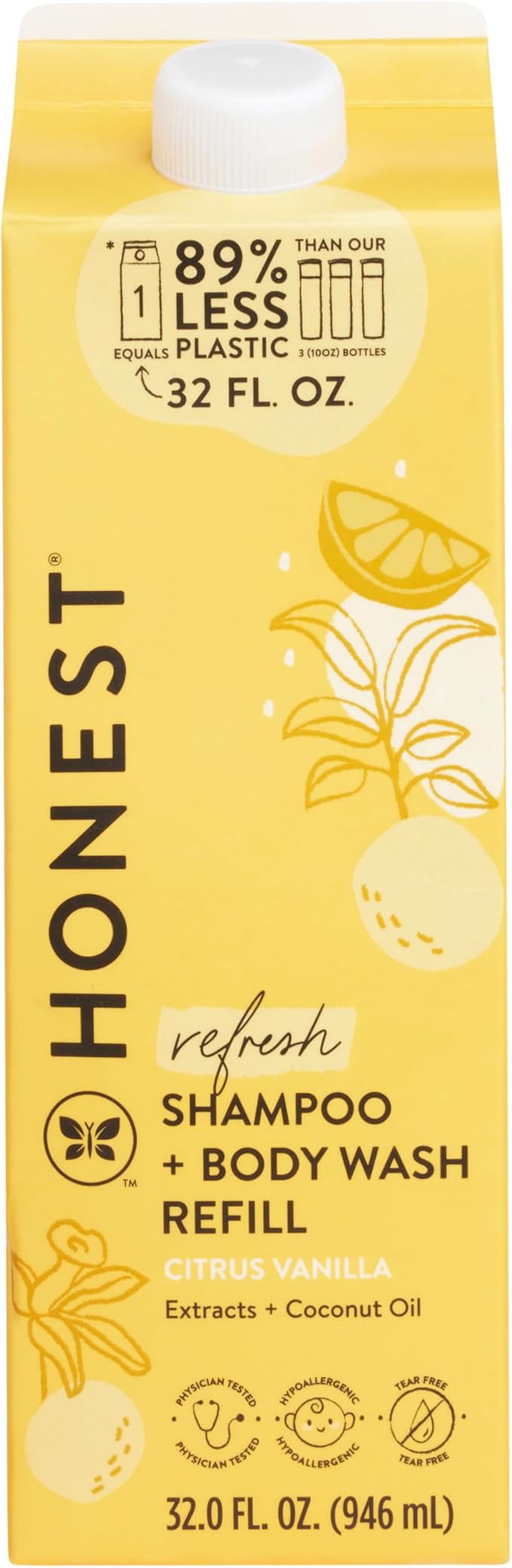 The Honest Company 2-in-1 Cleansing Shampoo + Body Wash Refill Carton | Gentle for Baby | Naturally Derived, Tear-free, Hypoallergenic | Citrus Vanilla Refresh, 32 fl oz