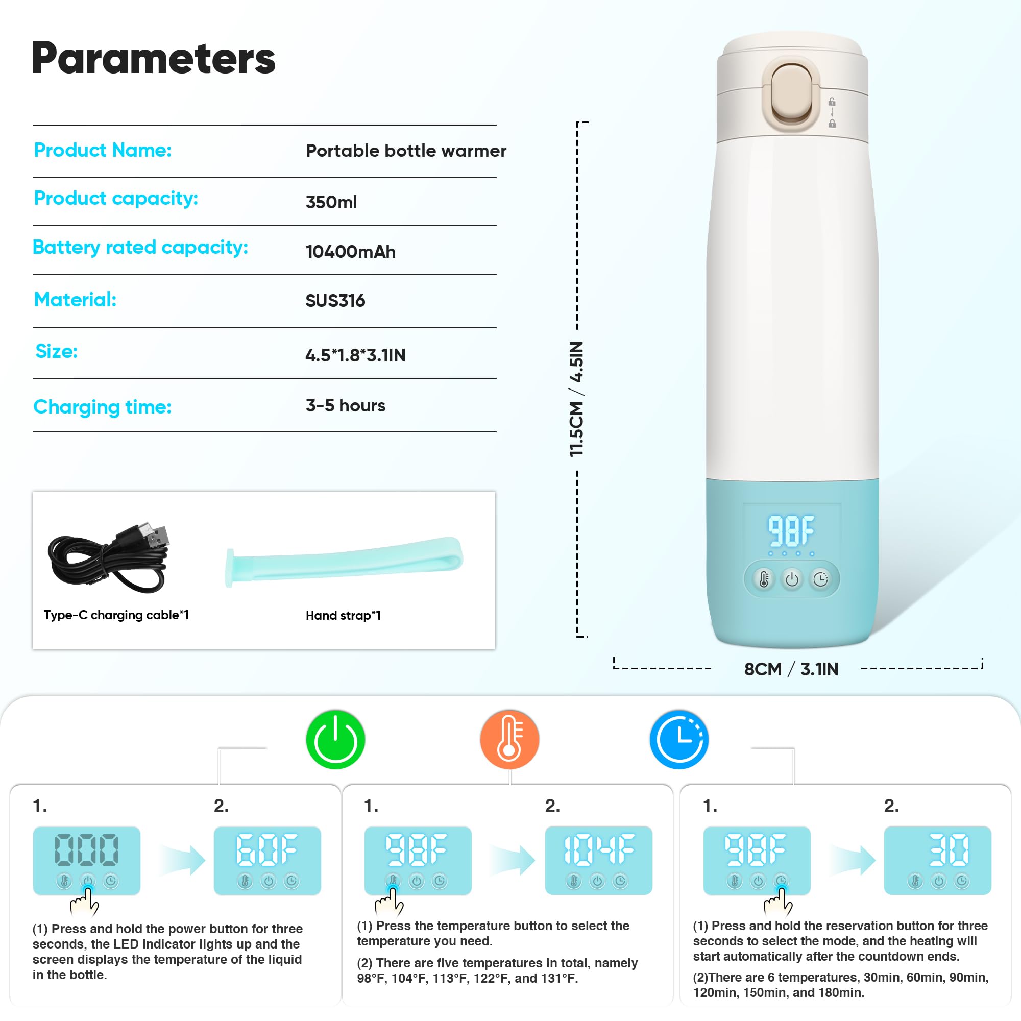 Portable Bottle Warmer for Travel, Bottle Warmer On The Go with Quick Heating, Preset Modes and PreciseTemperature Control, Water & Milk Warmer with Long Battery Life, Blue