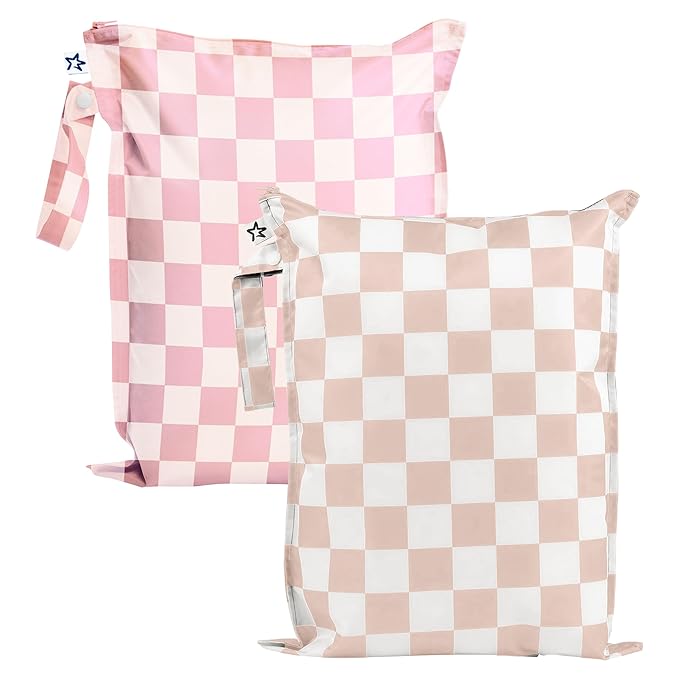 Tiny Twinkle Wet Dry Bag – 2 Pack Reusable Waterproof & Mess Proof Wet Bags for Swimsuits & Travel, Baby Towels & Beach Essentials,a Diaper Bag Must-Have(Pink, Brown Checkers)