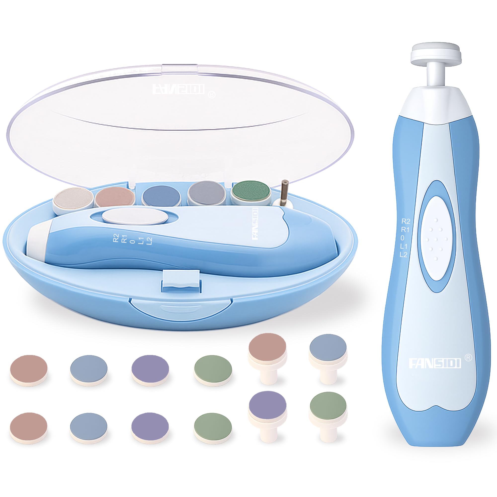 Fansidi Baby Nail Trimmer Electric, Easy & Safe Nail File for Newborn to Toddler, Whisper-Quiet Nighttime Use, Precise 4-Stage Grinding Heads, LED Light, 18-Pcs Kit, Dreamy Sky Blue, Baby Shower Gift