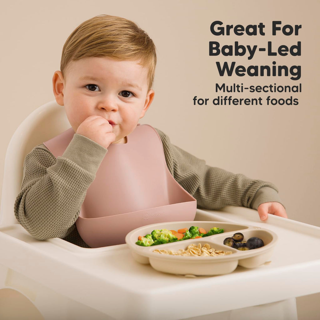 KeaBabies Suction Plates with Lids for Baby, 3-Pack, 100% Silicone (Slate)