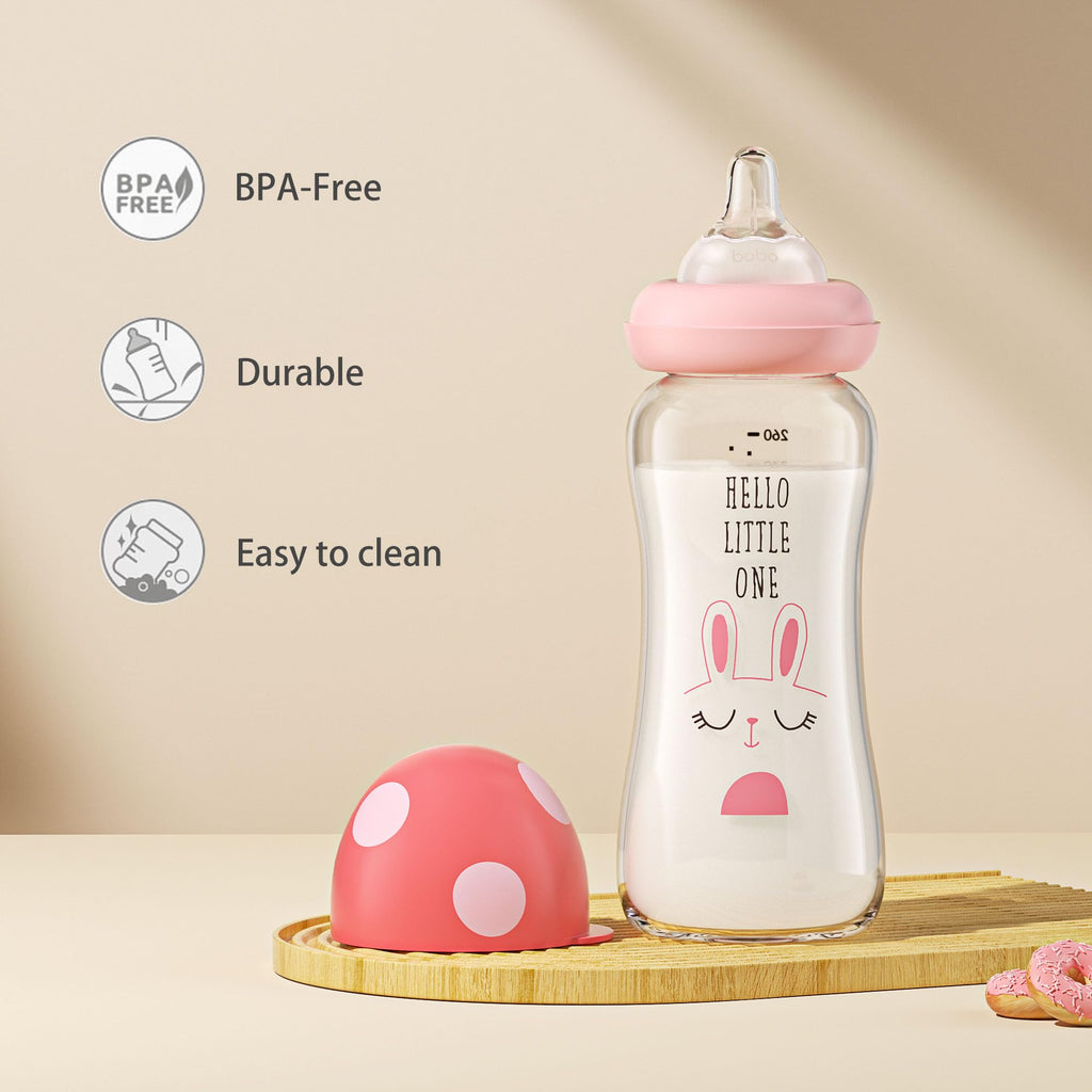 YOHKOH Natural Glass Baby Bottle with Level 2 Medium Flow Nipple, Newborn Anti-Colic Baby Bottles, Wide Neck Mushroom Baby Glass Bottle (8.8ounce (Pack of 4), Multicolour1)
