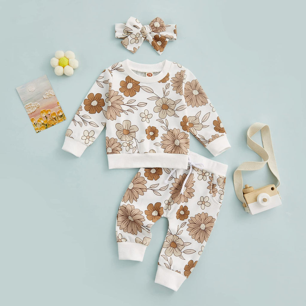 3Pcs Baby Girl Outfits Floral Sweatshirt + Pants + Headband Infant Fall Winter Clothes White 0-6 Months