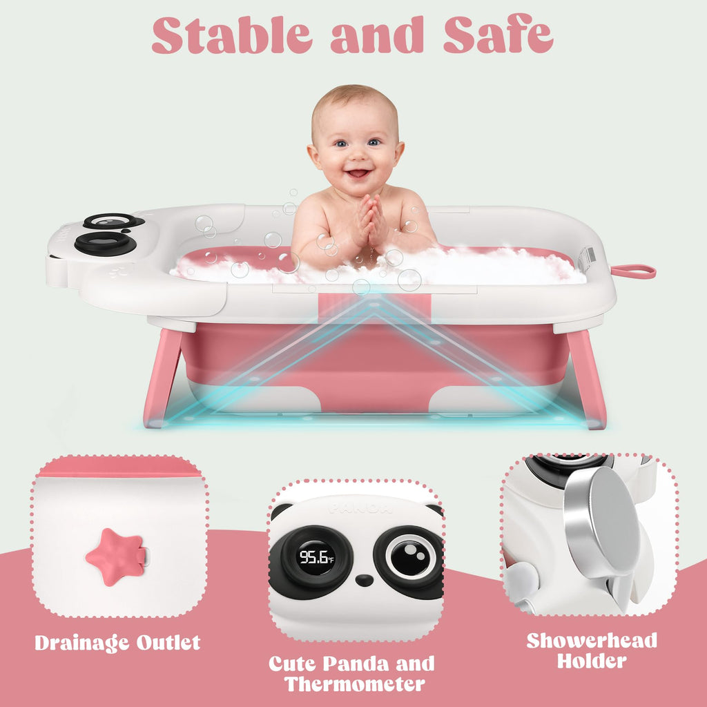 WXXM Foldable Baby Bathtub - 0-24M, Thermometer, Soft Cushion (Pink)