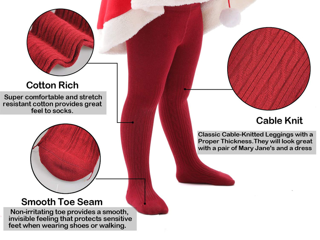 EPEIUS Infant Girl Tights Baby Girl Seamless Cable Knit Leggings Solid Cotton Stockings Footed Pants for 6-12 Months 3 Pair Pack,White/Dark Grey/Burgundy