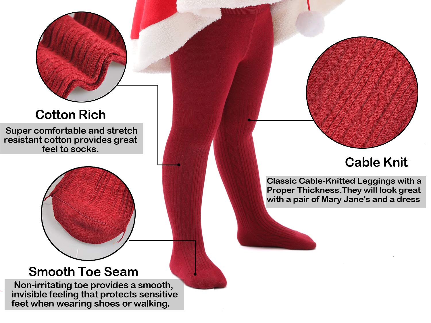 EPEIUS Infant Girl Tights Baby Girl Seamless Cable Knit Leggings Solid Cotton Stockings Footed Pants for 6-12 Months 3 Pair Pack,White/Dark Grey/Burgundy
