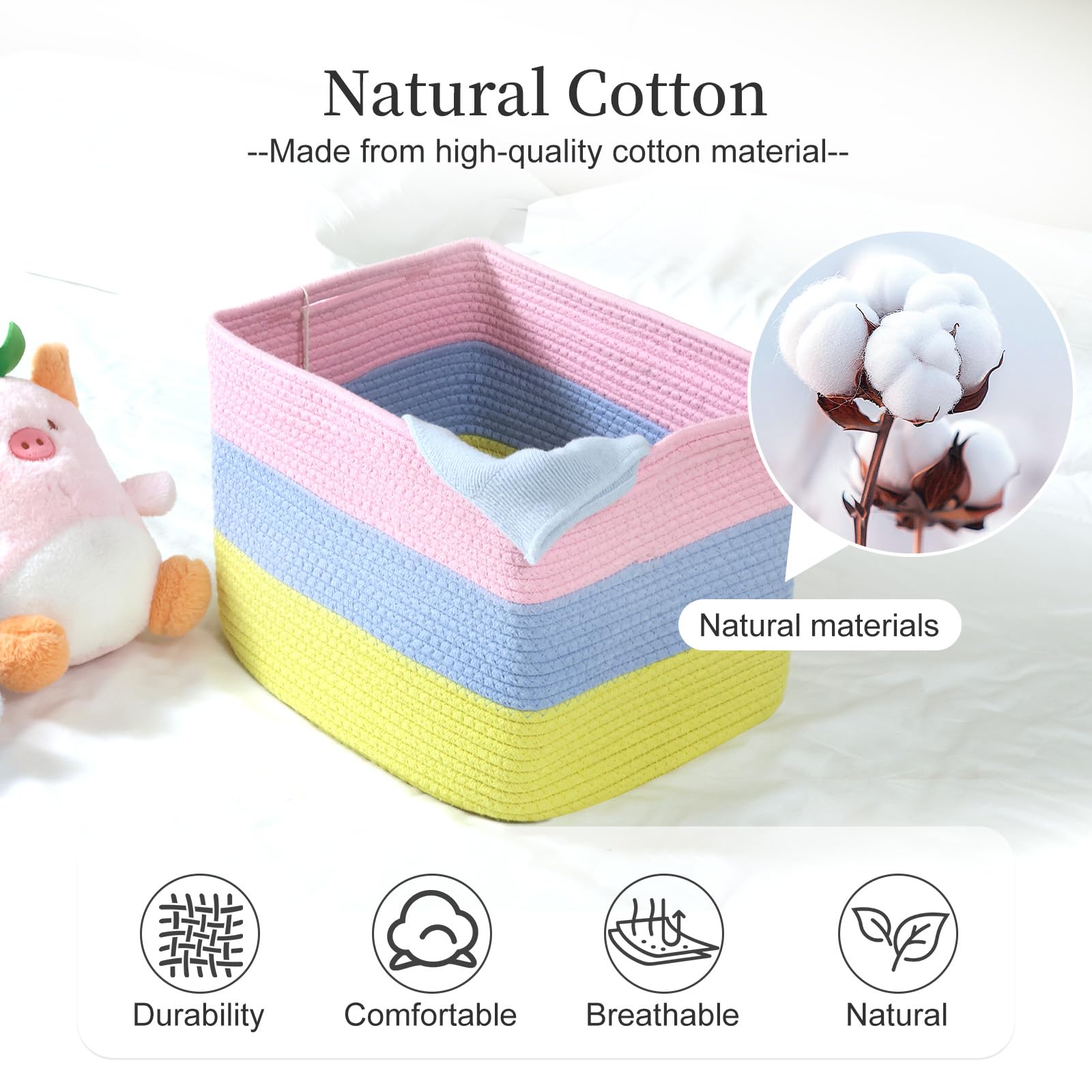 Hopegiver Rainbow Cotton Rope Storage Baskets Set of 3 for Kids Baby, Colorful Storage Bins for Toys, Woven Organizer Baskets Room Decor for Nursery & Playroom(Pink&Blue&Yellow, 15x11x10 IN)