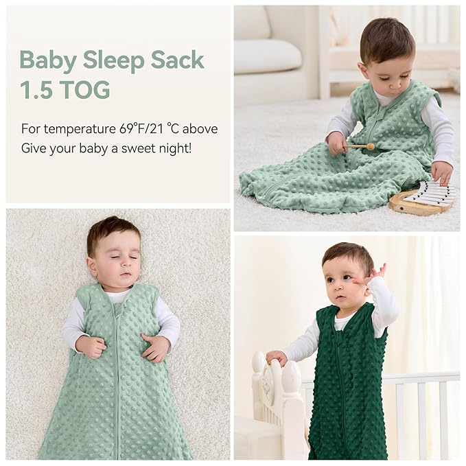 Fleece Baby Sleep Sack 6-12 Months with Plush Dots 1.5 Tog Baby Wearable Blanket with 2-Way Zipper Warm Sleeping Sack for Toddler Infant Newborn - Medium, Forest Green