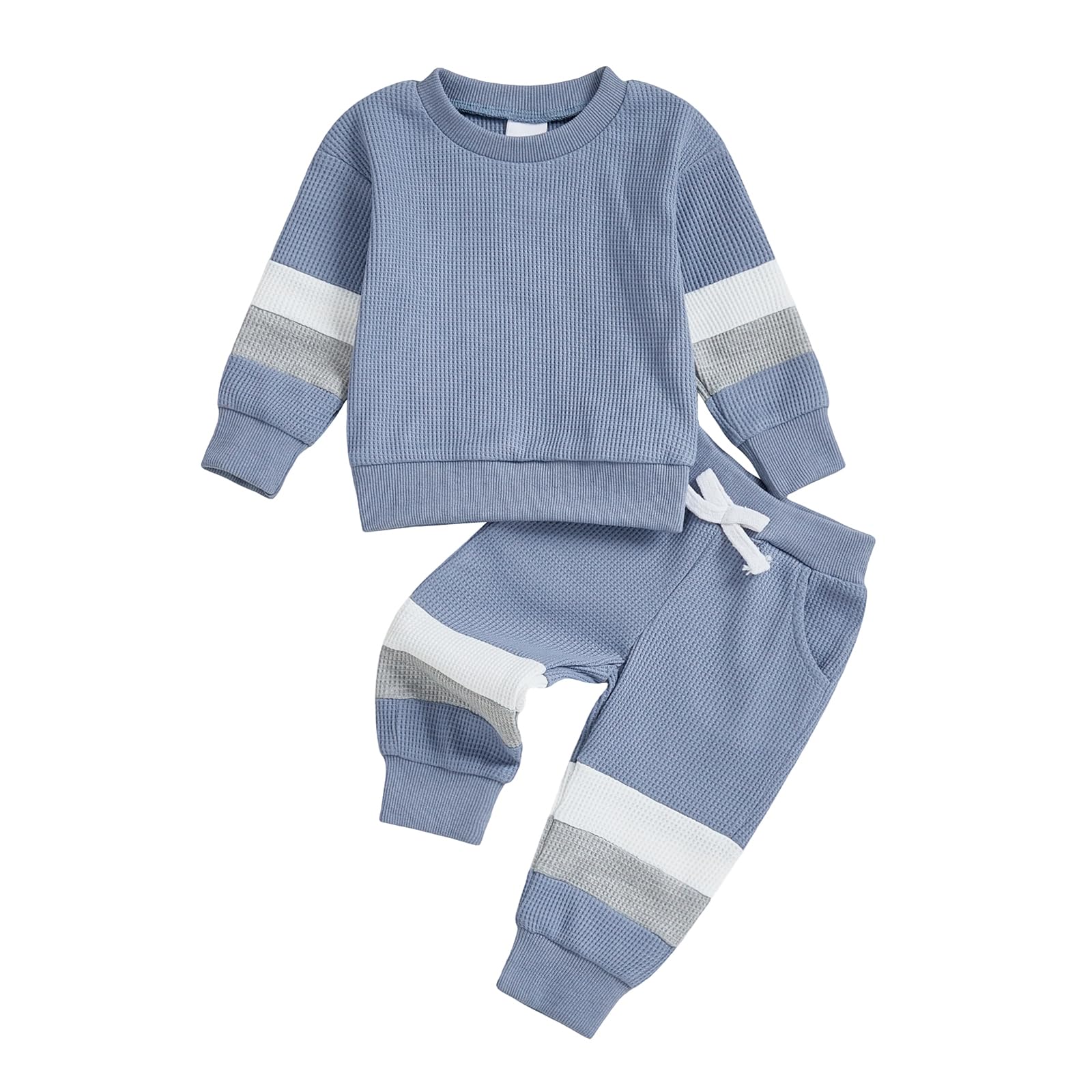 Kuriozud Toddler Baby Boy Fall Winter Clothes Long Sleeve Crewneck Pullover Sweatshirt Jogger Pants Set 2 Piece Outfit (Waffle Color Block Blue, 18-24 Months)
