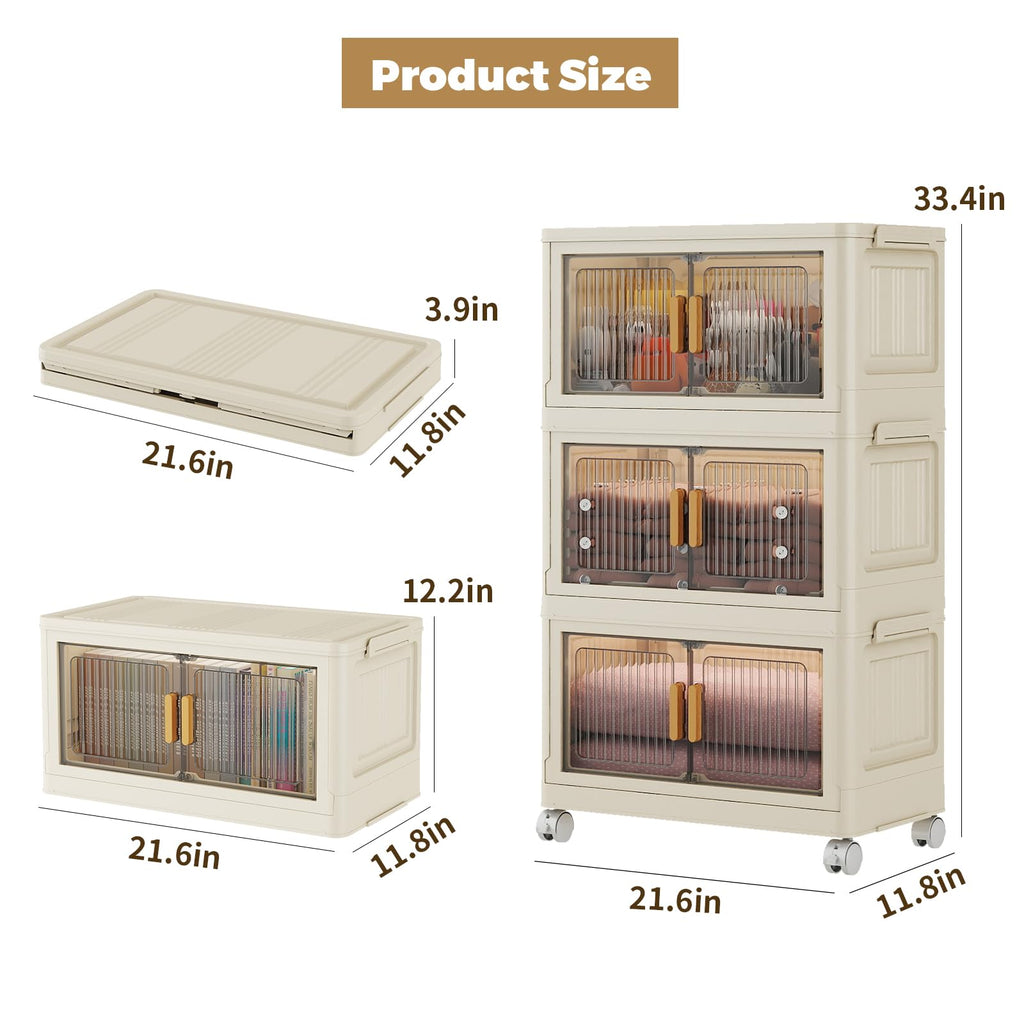 3 Tier Stackable Plastic Storage Bins with Lids 48QT, Collapsible Closet Organizers and Storage with Wheels for Living Room,Office,Dorm