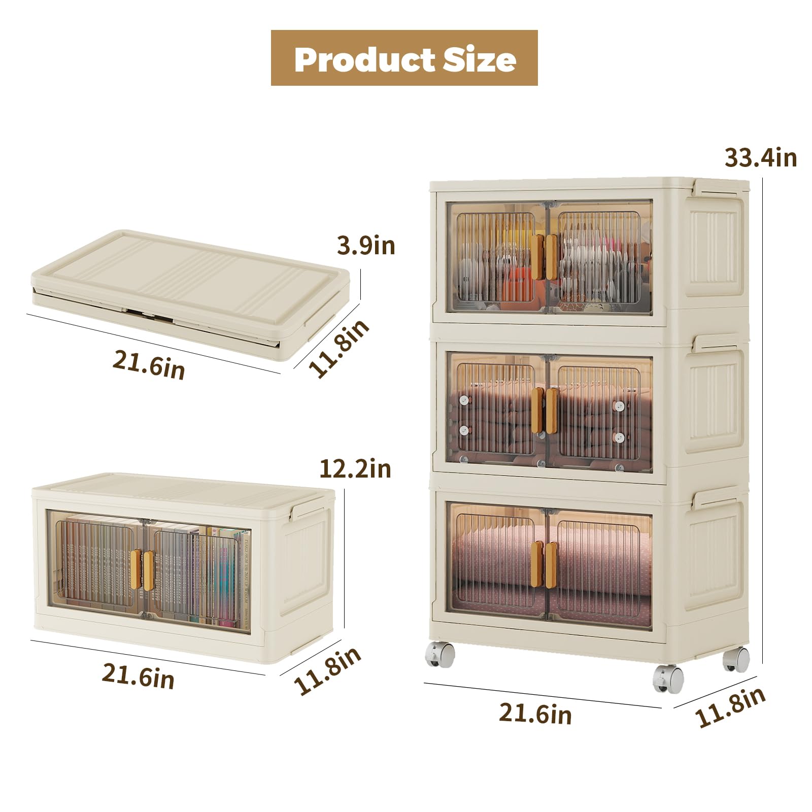 3 Tier Stackable Plastic Storage Bins with Lids 48QT, Collapsible Closet Organizers and Storage with Wheels for Living Room,Office,Dorm