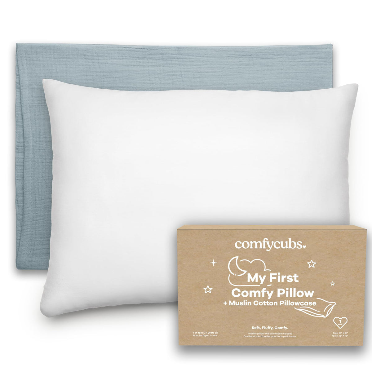 Comfy Cubs Toddler Pillow with Muslin Pillowcase, 13 x 18 in, 2 Pack - Lightweight, Breathable Microfiber Fill for Sleeping and Travel - Soft and Cozy Small Pillow for Toddlers - Sage