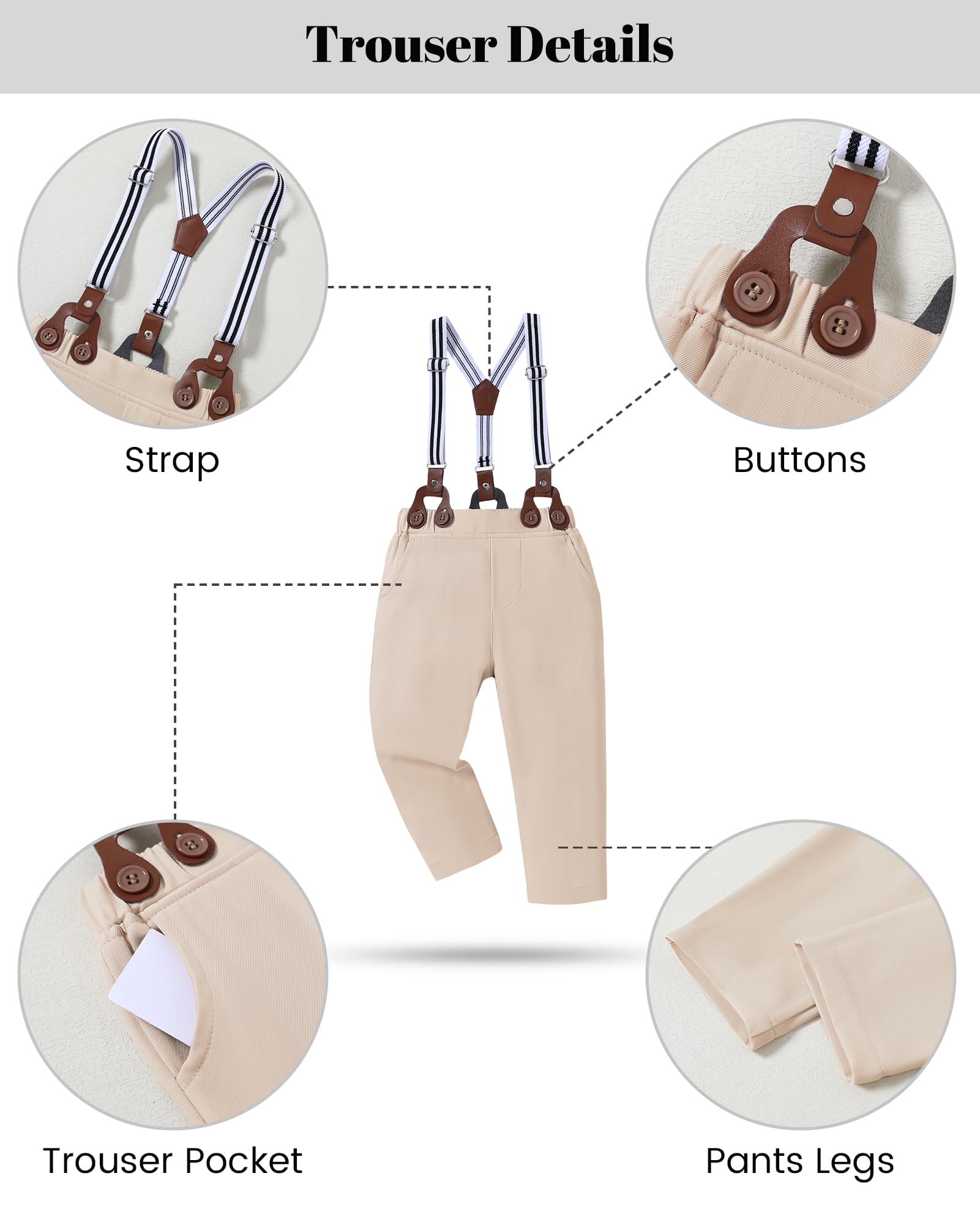 nilikastta Boy Dress Outfit Gentleman Wedding Outfits Beige Dress Shirt With Bowtie/Suspender Pants for Family Gatherings 8-9 Years