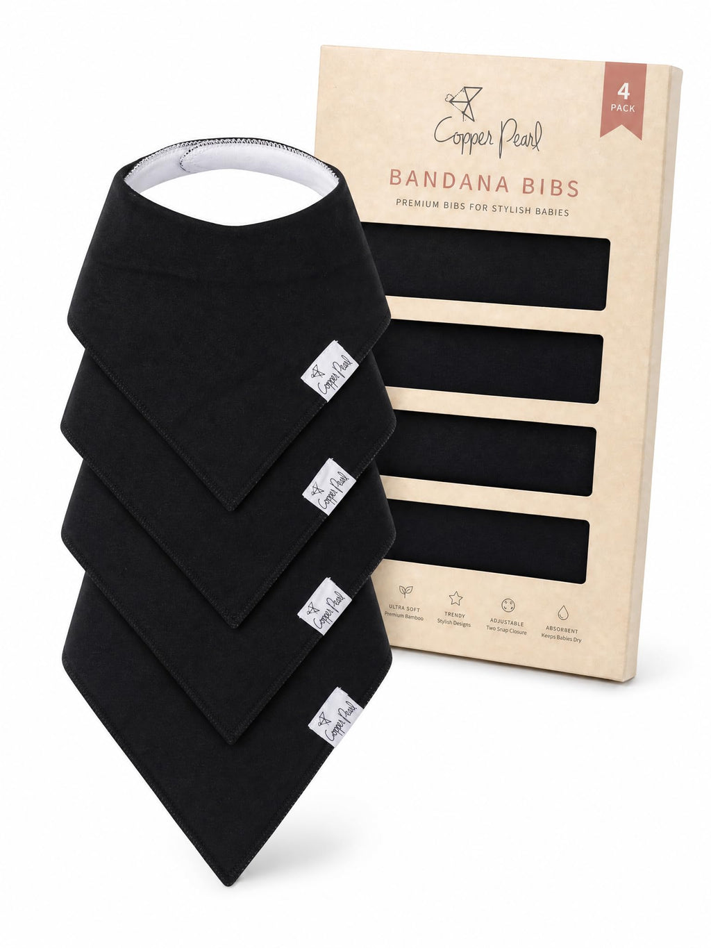 Copper Pearl Baby Bibs for Baby Boy or Girl – Bandana Drool Bibs for Teething, Absorbent Bibs for Eating, Newborn to Toddler, 4 Pack, Black Basics