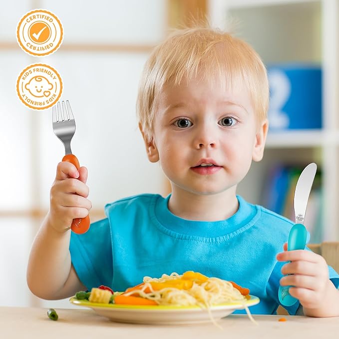 Lehoo Castle 6 Pieces Toddler Utensils, Kids Silverware for 2 3 4 Years Old, Stainless Steel Knife Fork and Spoon Set with Plastic Handle, Safe Toddler Cutlery (Orange)