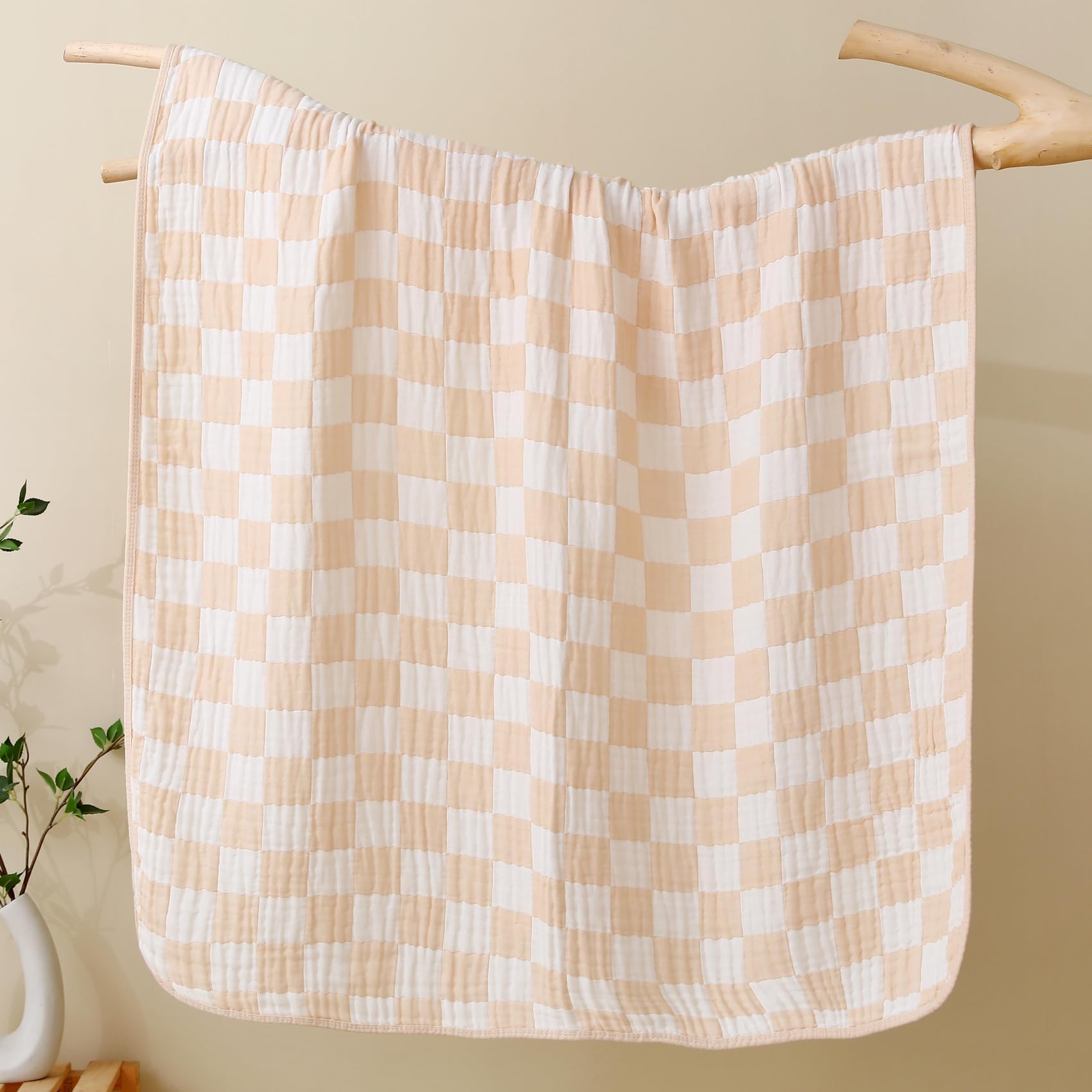 HardNok Ultra Soft Muslin Baby Blanket, Organic Cotton Blend (Beige Check)
