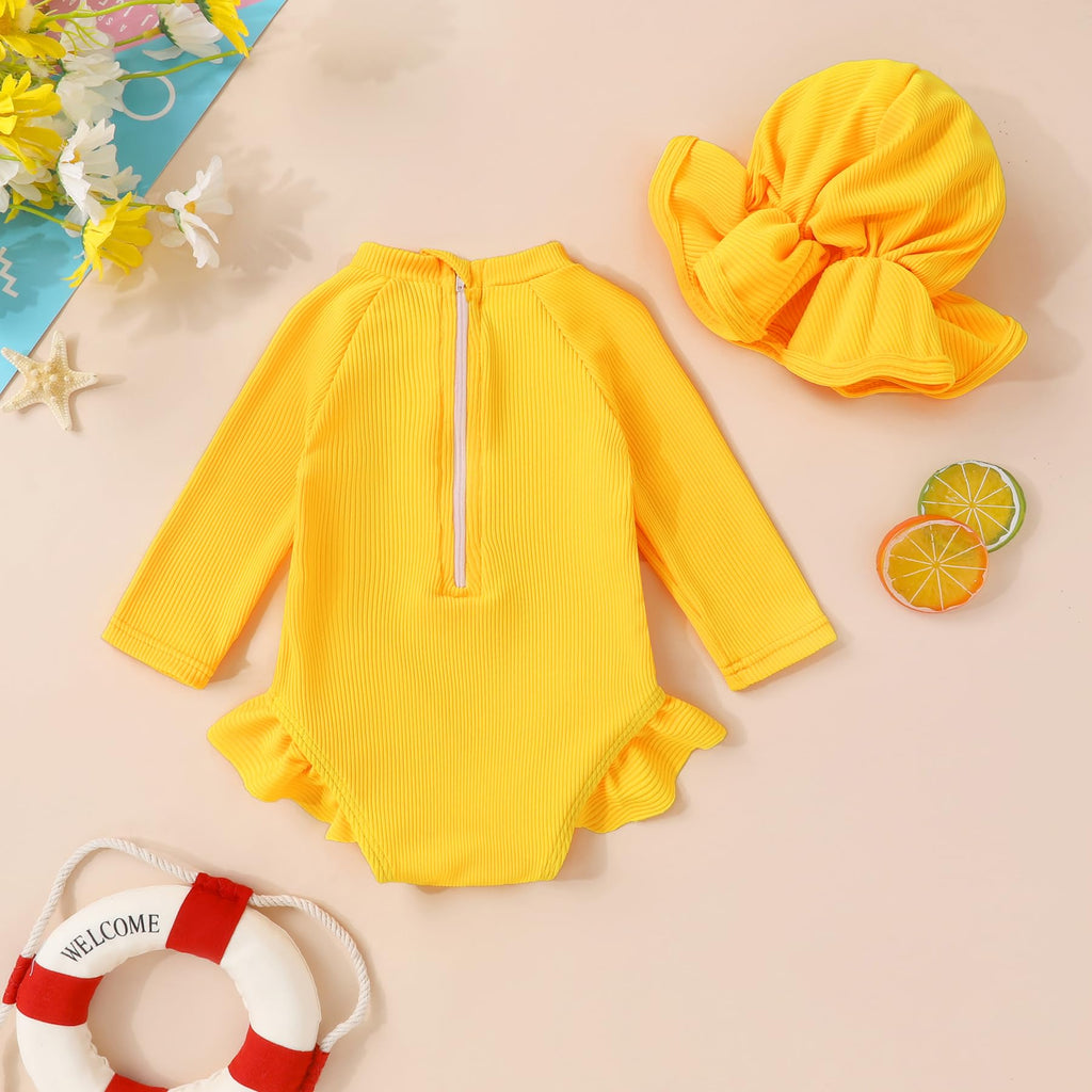 YOUNGER TREE Infant Baby Girls Swimsuit Long Sleeve One Piece Swimsuit Solid Color Bathing Suit with Hat, UPF 50+ (Yellow, 0-3 Months)