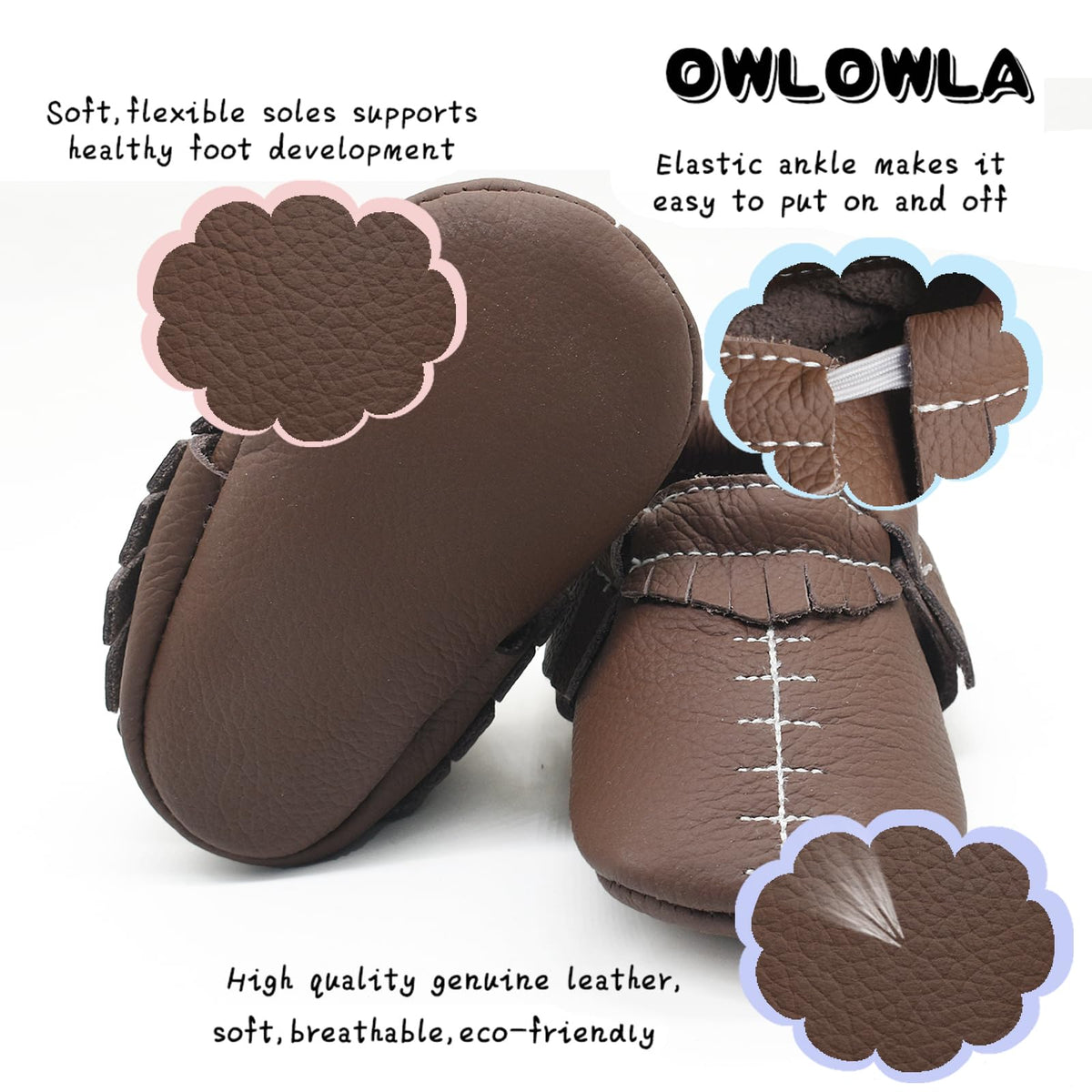OWLOWLA Leather Baby Moccasins Soft Sole Baby Shoes Boys Girls 12-18months