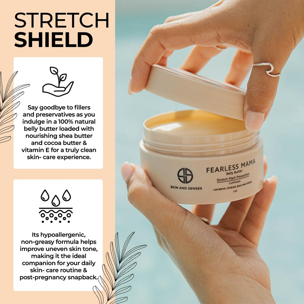 Fearless Mama Pregnancy Body Butter, Belly Butter for Stretch Marks, Deep Hydration for Dry, Tight, Itchy Skin During Pregnancy & Postpartum, with Shea Butter & Cocoa Butter, Unscented 5 oz