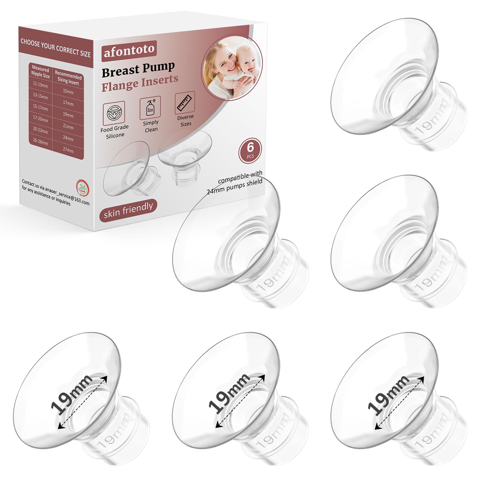 Flange Inserts 19mm for 24mm Flanges/Shields of Pumps, Softer Silicone Flange Insert Compatible with Momcozy/Spectra/eufy/Medela/TSRETE Breastpump, Replacement Pump Parts Flanges Sizing Kit, 6PCS-19mm