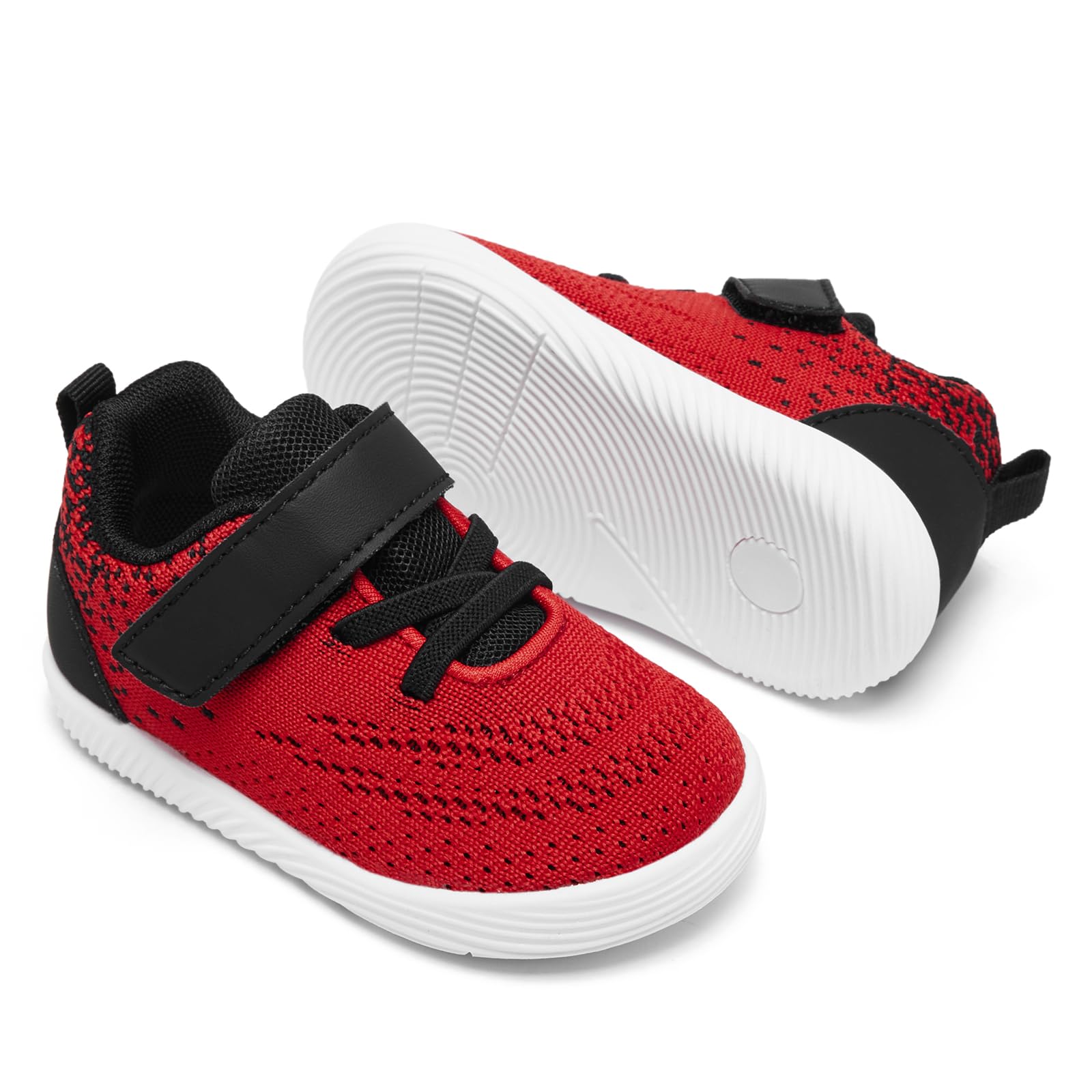 MORENDL Toddler Sneakers Baby Boys & Girls Barefoot Shoes Lightweight Breathable Walking Running Tennis Athletic Sport Shoes Black Red 12-15 Months Size 5