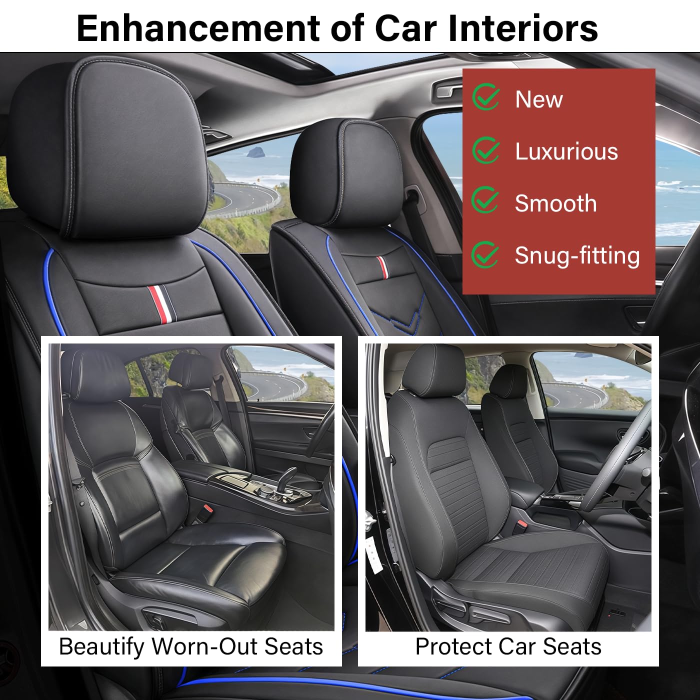TENDER GLOW Leather Car Seat Covers Fit for LR Range Rover 2022-2025, 5 Seater Waterproof and Wear-Resistant Seat Cover Interior Accessories(Full Set,Black&Blue)