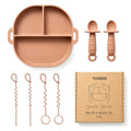 YIVEKO Baby Feeding Set with Silicone Divided Plate, Toy Straps, Spoon Tether, Cup Holder Strap, Anti Drop Toddler Mealtime Set for Baby Led Weaning-Brown