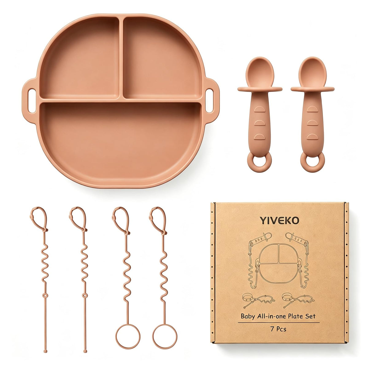 YIVEKO Baby Feeding Set with Silicone Divided Plate, Toy Straps, Spoon Tether, Cup Holder Strap, Anti Drop Toddler Mealtime Set for Baby Led Weaning-Brown