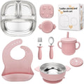 Stainless Steel Kids Plates and Bowls Set with Suction, Divided Baby Plate and Toddler Bowl with Removable Silicone Suction,Stainless Steel Weaning Bundle, Silicone Baby Feeding Set (Pink)