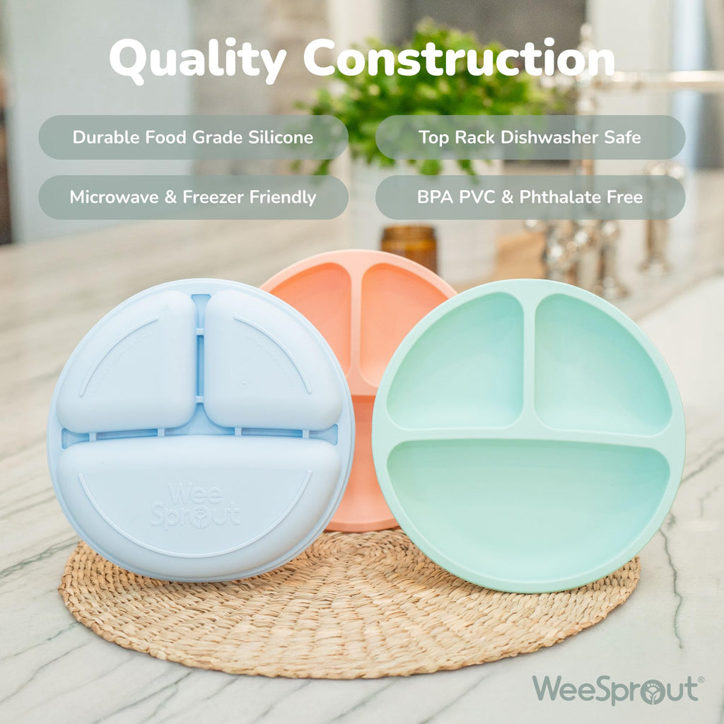 WeeSprout Silicone Plates with Lids for Babies & Toddlers (3 Pack) 100% Food-Grade Dishes for Self Feeding, Divided Design & Raised Edges for Picky Eaters, Dishwasher & Microwave Safe Weaning Supplies