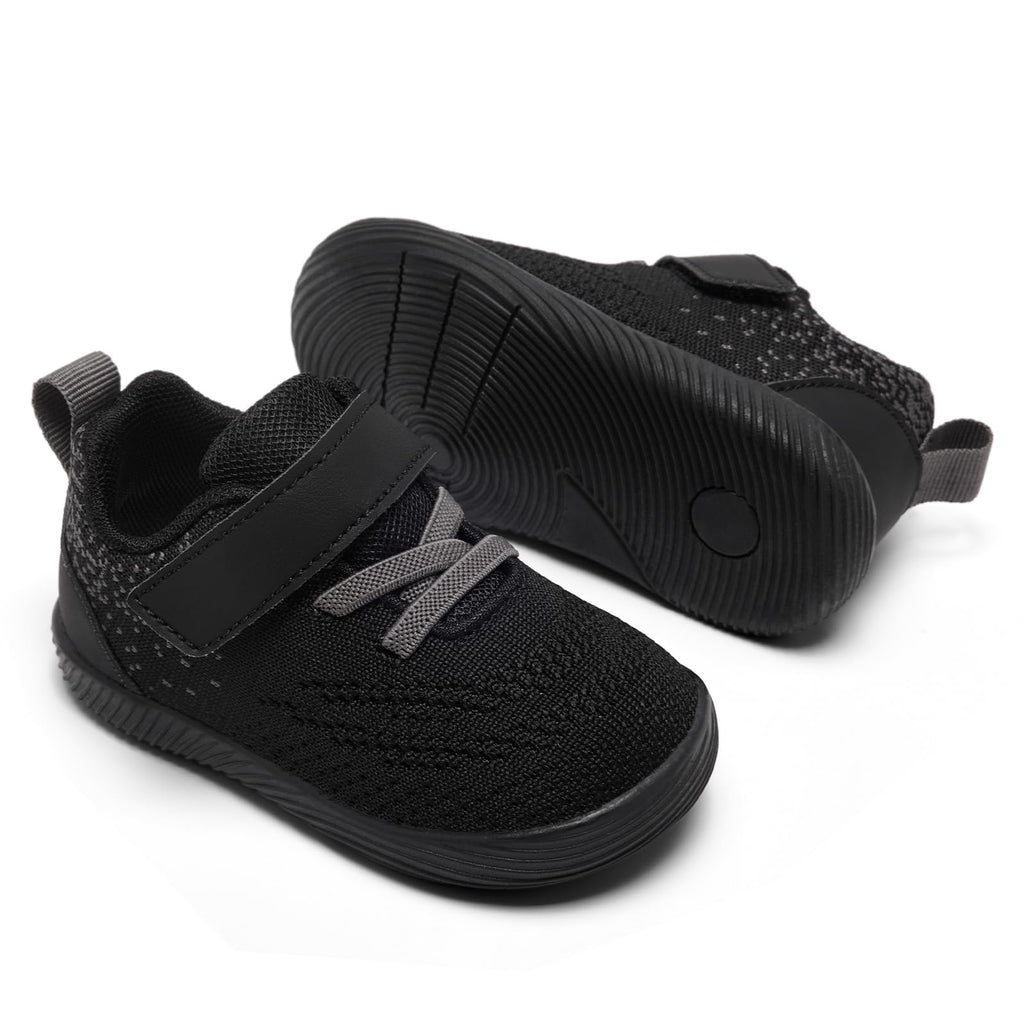 MORENDL Toddler Sneakers Baby Boys & Girls Barefoot Shoes Lightweight Breathable Walking Running Tennis Athletic Sport Shoes Black Grey Punctate 9-12 Months Size 4.5