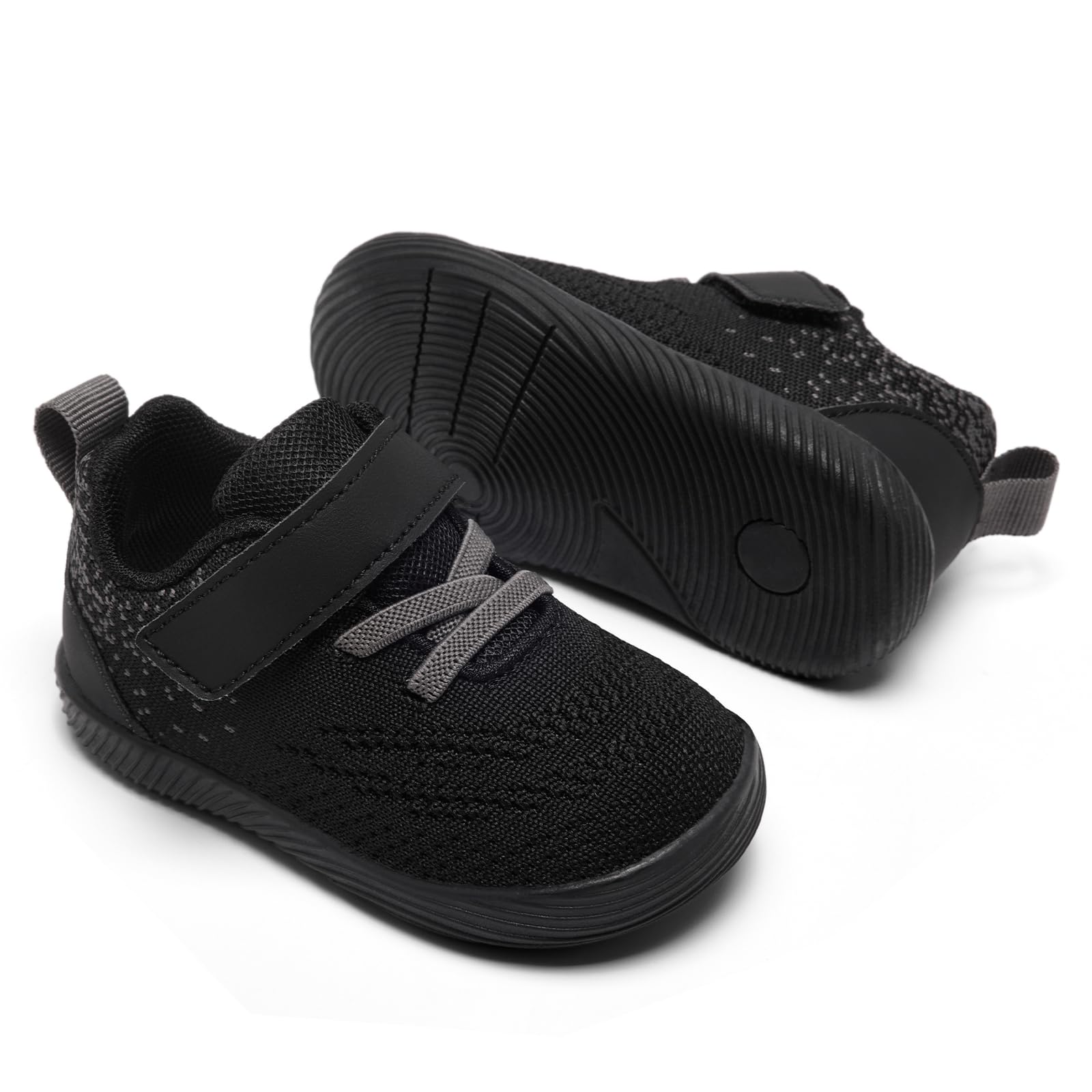 MORENDL Toddler Sneakers Baby Boys & Girls Barefoot Shoes Lightweight Breathable Walking Running Tennis Athletic Sport Shoes Black Grey Punctate 9-12 Months Size 4.5