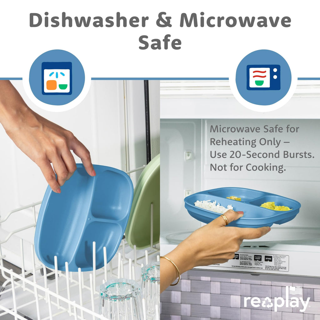 Re-Play Divided Toddler Plates Set of 4 - Deep-Walled 3 Compartment Kids Plates for Picky Eaters - Dishwasher & Microwave Safe - BPA-Free - Made in USA, Denim