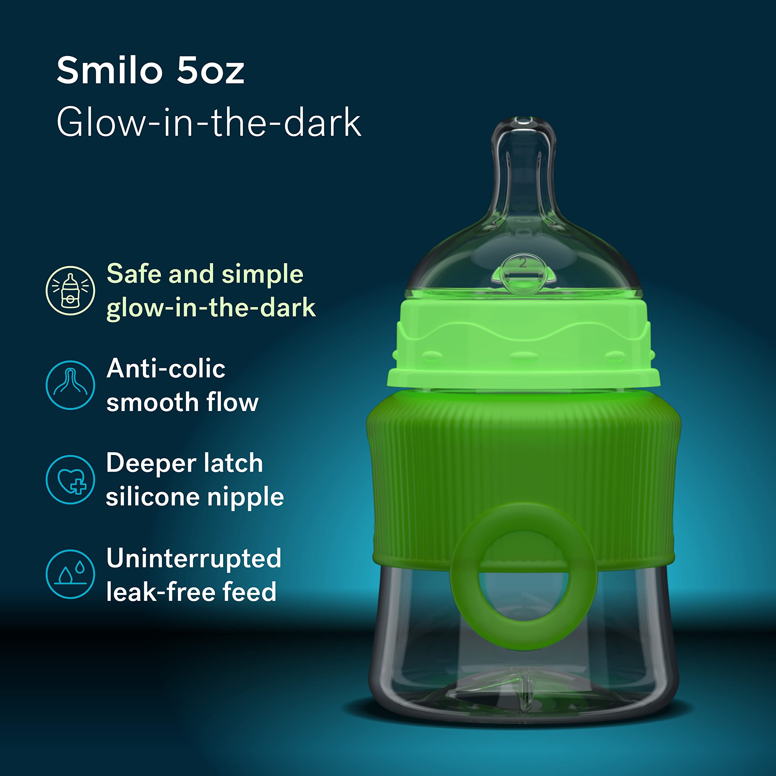 Smilo Baby Bottle Set with Stage 0 Slow Flow Anti Colic Nipple, 5 Oz / 150 ml Capacity, 3X Pack of Anti Colic Baby Bottles 0-3 Months - Glow in the Dark