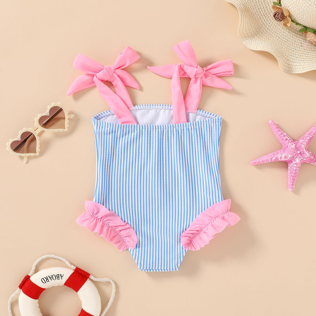 Happy Town Toddler Swimsuit Girl Solid Color Stripe One-Piece Baby Bathing Suits (Blue Stripes, 5-6 Years)