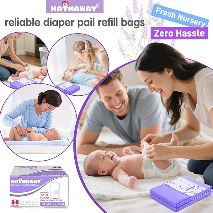 Diaper Pail Refill Bags Compatible with Dekor Classic Diaper Pail, Lavender Scented, Extra 30% Long, 5 Pack