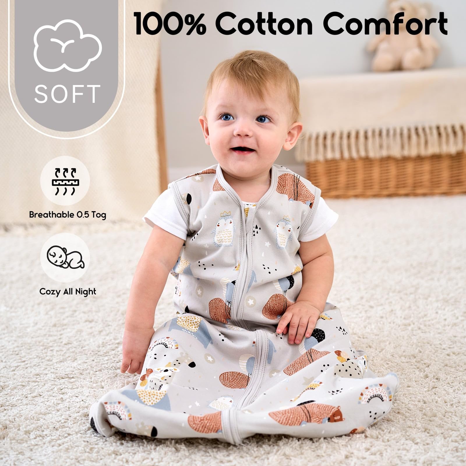 Yoofoss Baby Sleep Sack 6-12 Months 0.5 Tog Wearable Blanket for Baby, 3 Pack 100% Organic Cotton Infant Toddler Sleeping Sack 2-Way Zipper Lightweight Sleep Sack