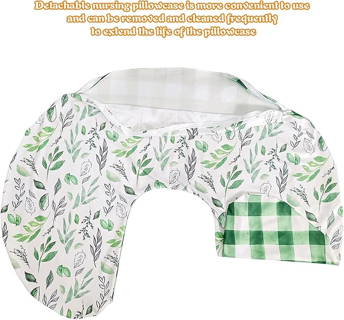 Baby Nursing Pillow Cover Infant Removable Breastfeeding Pillow Cover Cute Pattern Newborn Nursing Pillowcase Slipcovers Cushion Cover for Girls Boys 22.5 x 18 (Green Leaves)